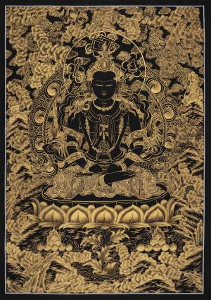 Hand-Painted Black and Gold Amitayus Buddha Thanka | Aparamita Thangka Painting